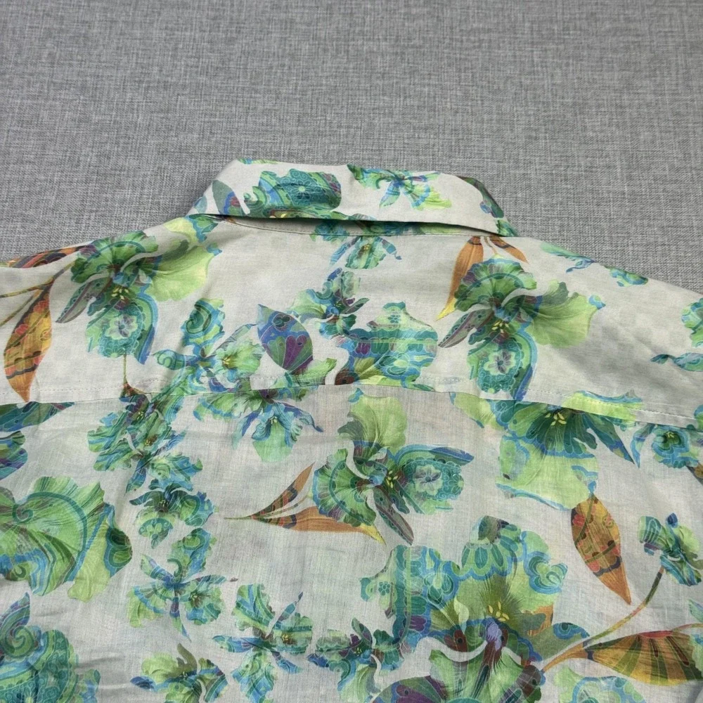 Robert Graham Floral Button-Up Shirt Womens Large Green Flip Cuffs Long Sleeve